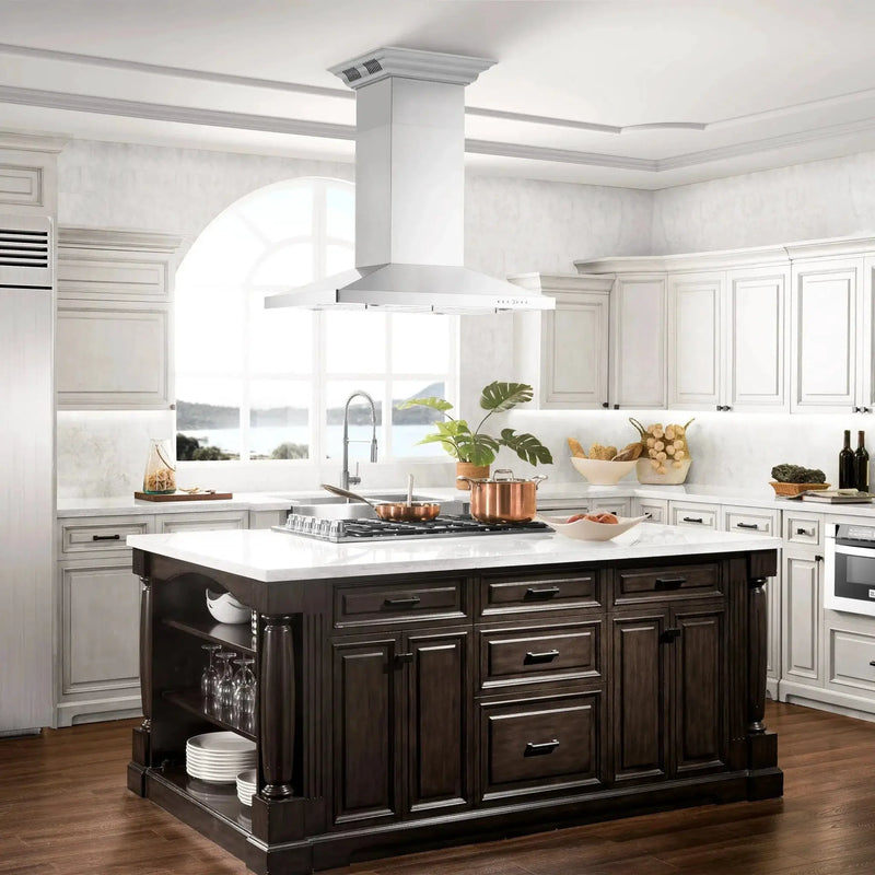 Zline Island Mount Range Hood in Stainless Steel with Built-in ZLINE CrownSound™ Bluetooth Speakers GL2iCRN-BT-48 by Farmhouse Kitchen and Bath