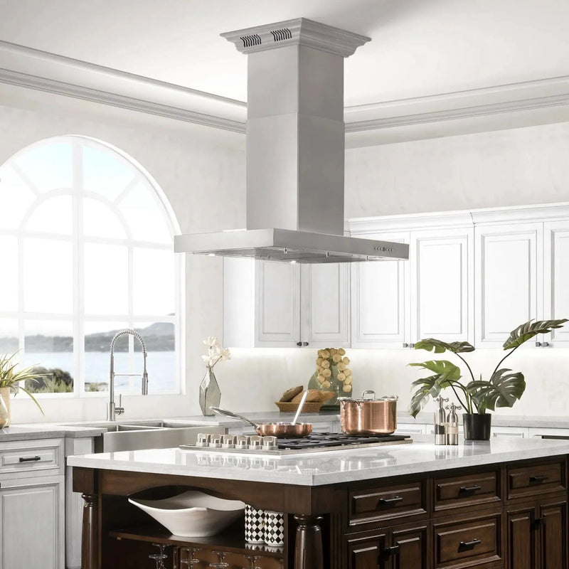 Zline Island Mount Range Hood in Stainless Steel with Built-in ZLINE CrownSound™ Bluetooth Speakers KE2iCRN-BT by Farmhouse Kitchen and Bath