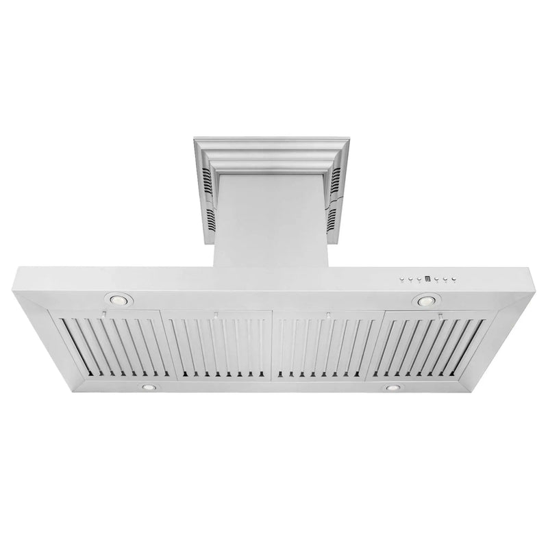 Zline Island Mount Range Hood in Stainless Steel with Built-in ZLINE CrownSound™ Bluetooth Speakers KE2iCRN-BT-48 by Farmhouse Kitchen and Bath