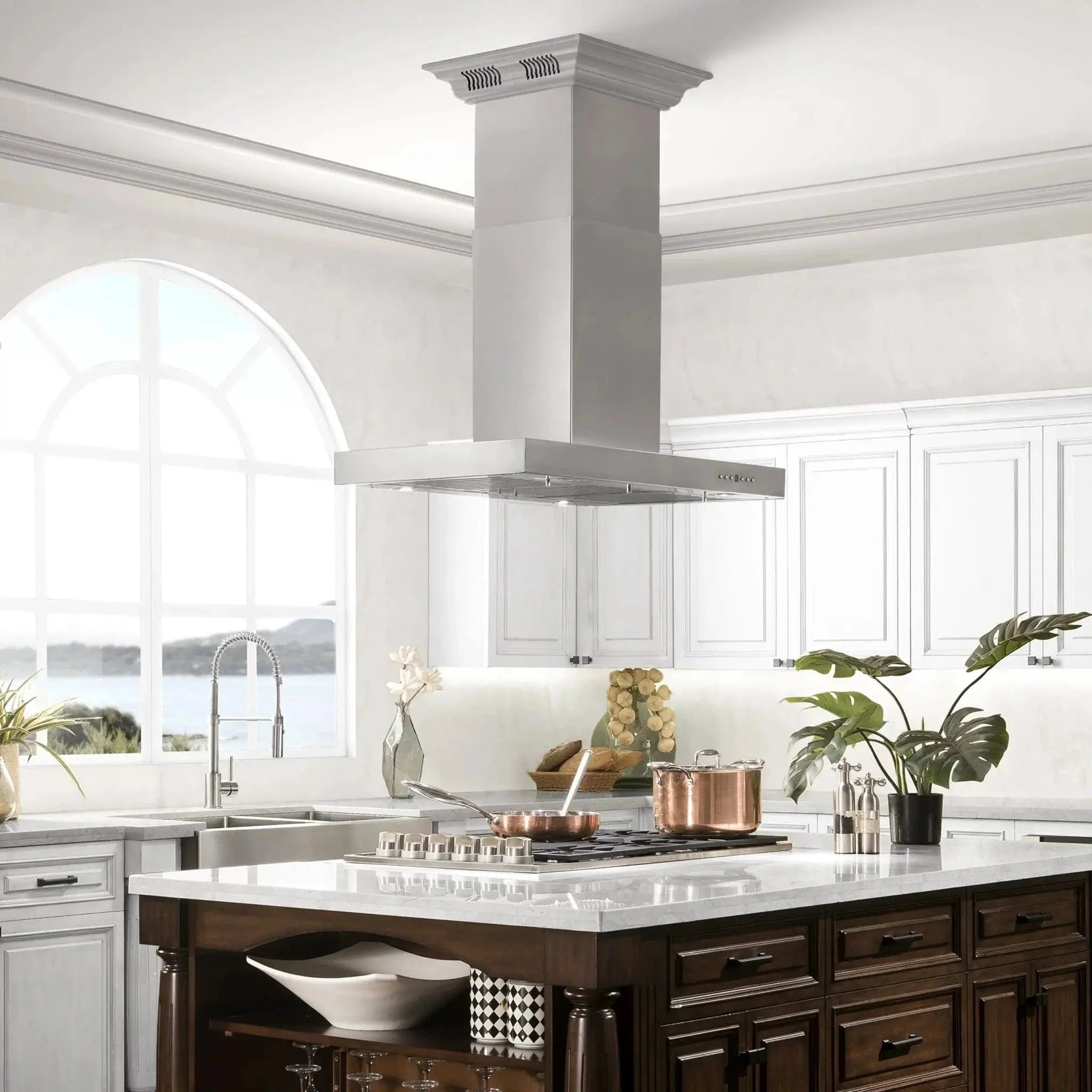 Zline Island Mount Range Hood in Stainless Steel with Built-in ZLINE CrownSound™ Bluetooth Speakers KE2iCRN-BT-48 by Farmhouse Kitchen and Bath
