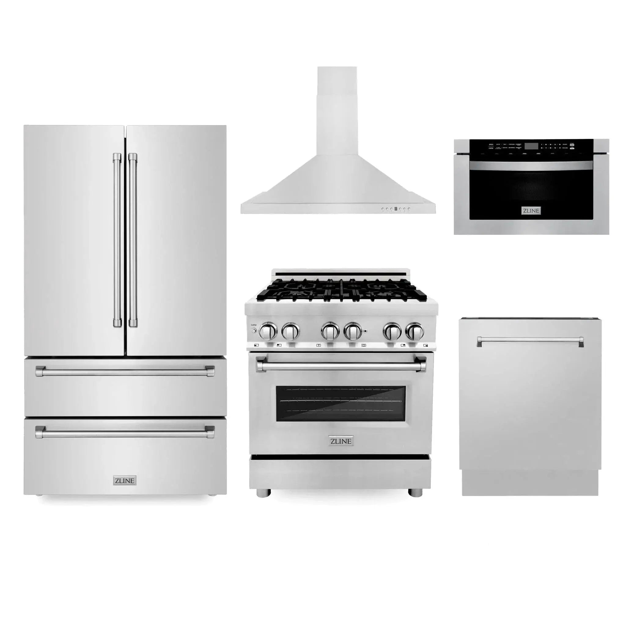 ZLINE Kitchen Package Refrigerator, Range , Range Hood , Microwave, Dishwasher 5KPR-RARH30-MWDWV by Farmhouse Kitchen and Bath