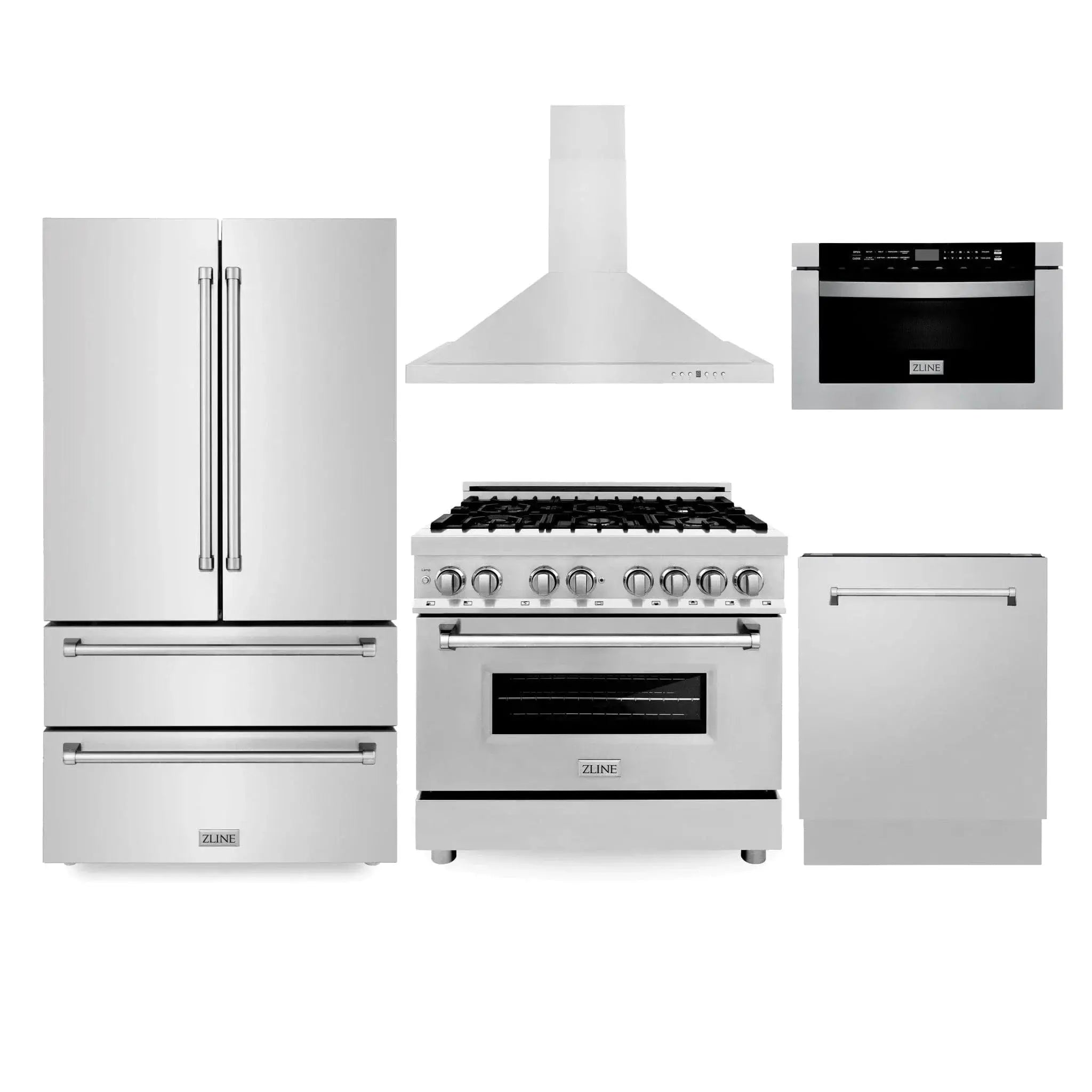 ZLINE Kitchen Package Refrigerator, Range , Range Hood , Microwave, Dishwasher 5KPR-RARH36-MWDWV by Farmhouse Kitchen and Bath