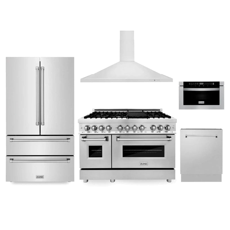 ZLINE Kitchen Package Refrigerator, Range , Range Hood , Microwave, Dishwasher 5KPR-RARH48-MWDWV by Farmhouse Kitchen and Bath