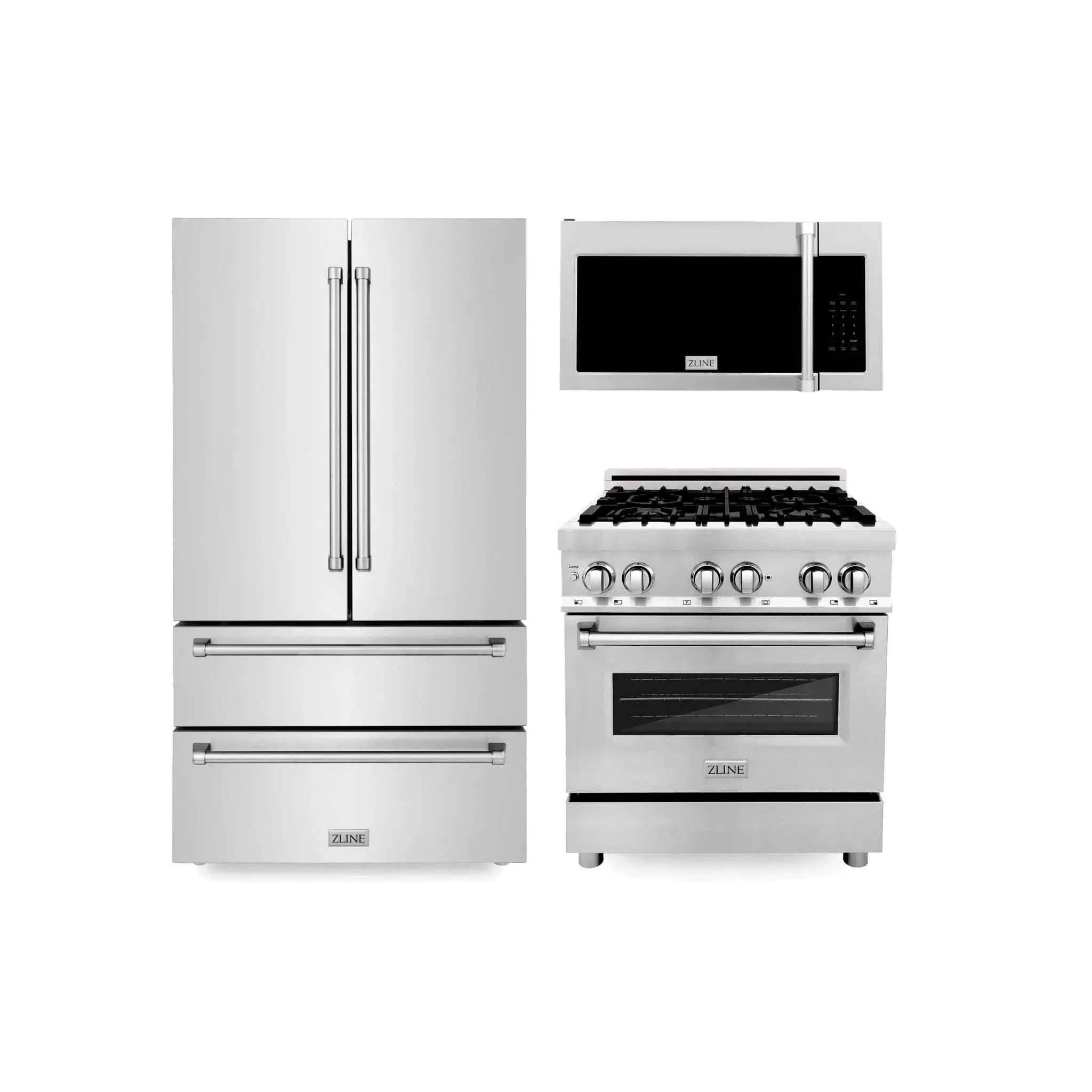ZLINE Kitchen Package with Refrigerator, Range, Microwave, 3KPR-RAOTRH30 by Farmhouse Kitchen and Bath