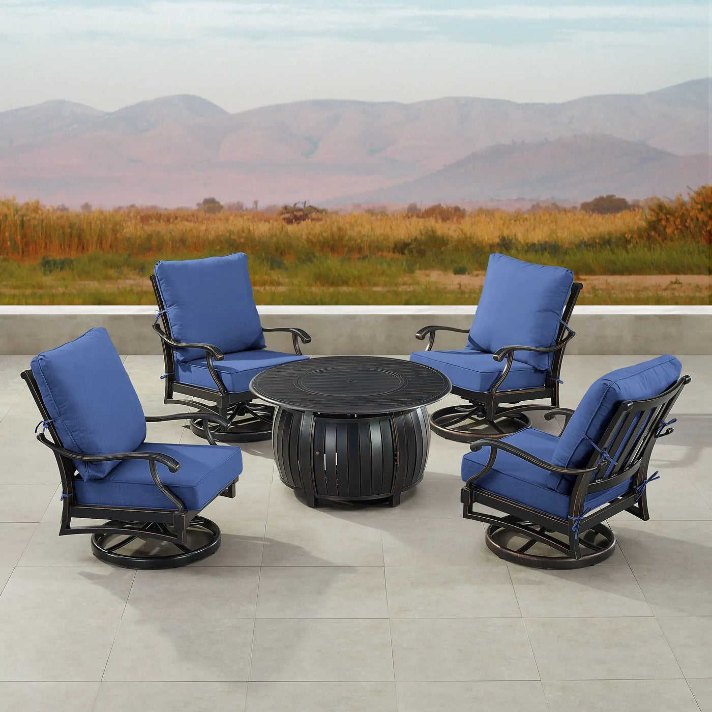 Black Aluminum Fire Table Set with Four Club Chairs by Sharicks