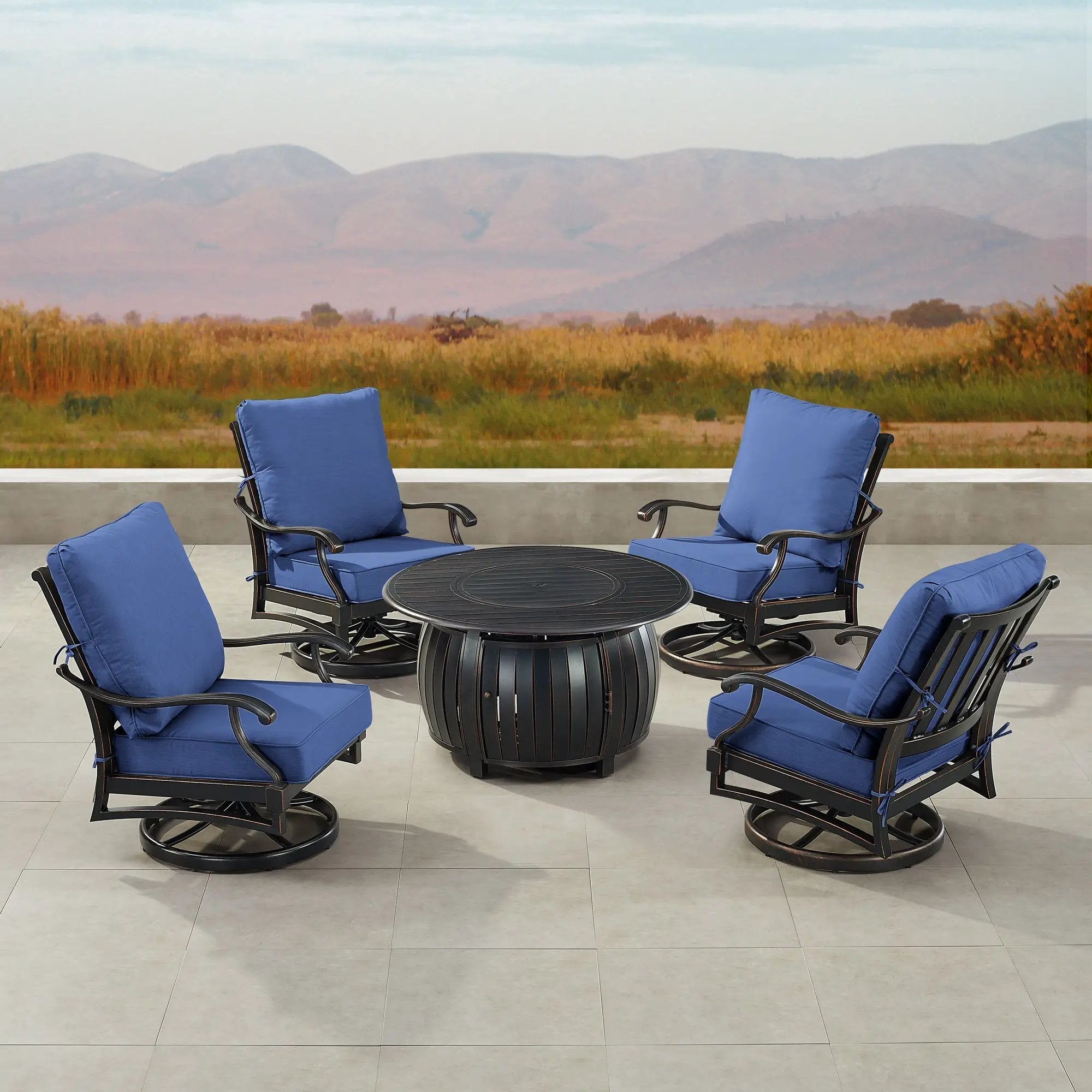 Black Aluminum Fire Table Set with Four Club Chairs by Sharicks