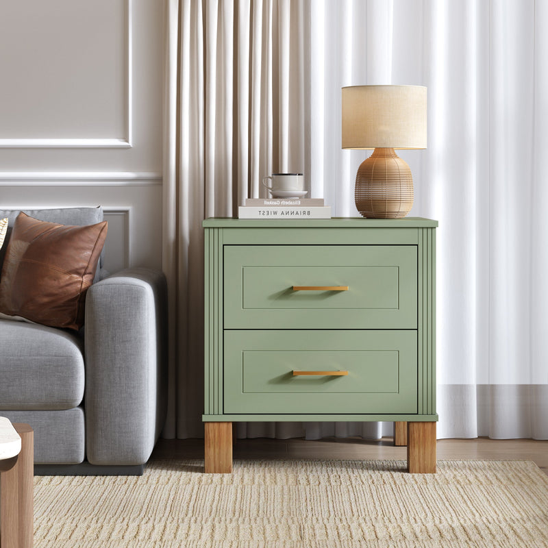 2 Drawer Nightstand, Premium Wood Storage with Elegant Fluted Design, Solid Wood Legs Nightstand with Metal Handle, Tall Bedside Table for Bedroom Living Room