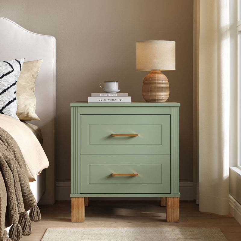 2 Drawer Nightstand, Premium Wood Storage with Elegant Fluted Design, Solid Wood Legs Nightstand with Metal Handle, Tall Bedside Table for Bedroom Living Room, photo 2 of 10