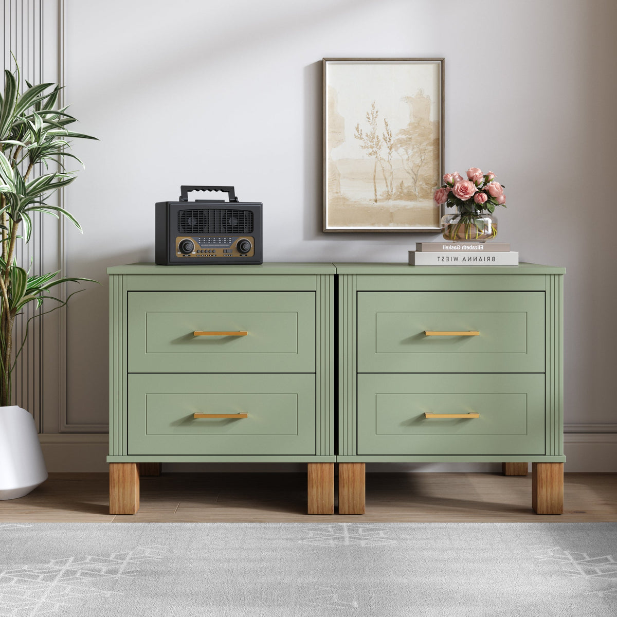 2 Drawer Nightstand, Premium Wood Storage with Elegant Fluted Design, Solid Wood Legs Nightstand with Metal Handle, Tall Bedside Table for Bedroom Living Room, photo 5 of 10
