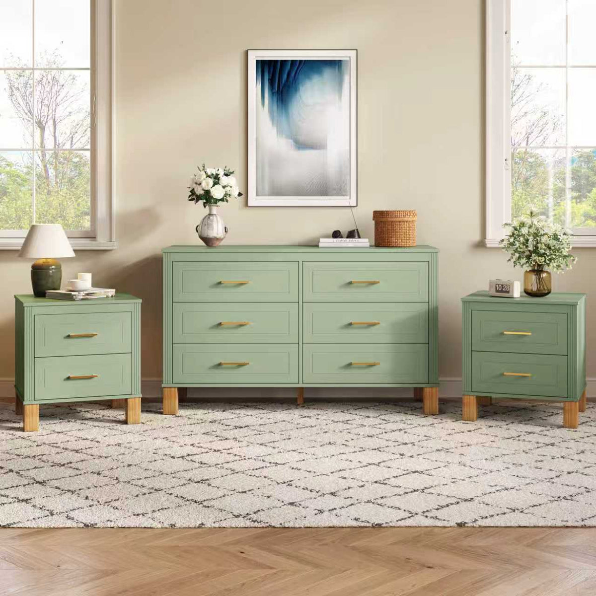 2 Drawer Nightstand, Premium Wood Storage with Elegant Fluted Design, Solid Wood Legs Nightstand with Metal Handle, Tall Bedside Table for Bedroom Living Room, photo 7 of 10