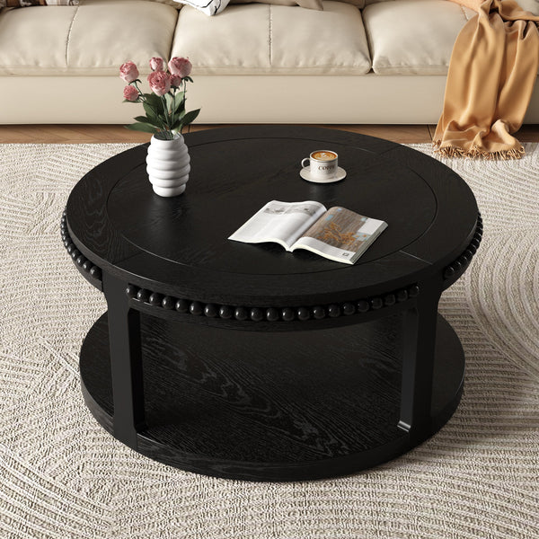 31.5 Inch Solid Wood Round Coffee Table for Living Room,2-Tier Rustic Wood Desktop with Storage Shelf Modern Design Home Furniture (Black), photo 2 of 10