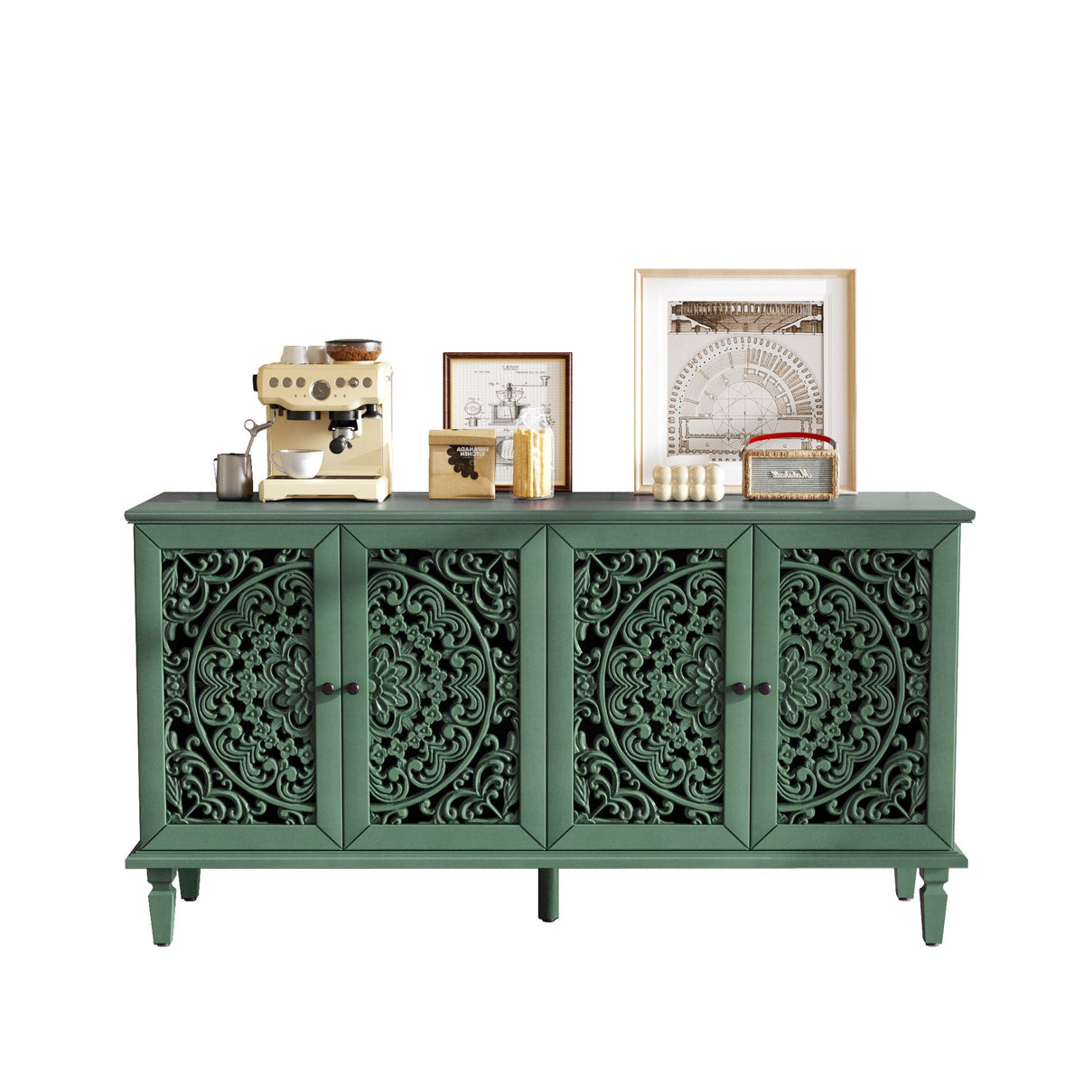 60-Inch Antique Buffet Cabinet with Floral Carvings - Antique Green, photo 14 of 18