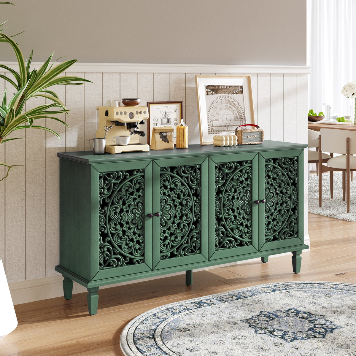 60-Inch Antique Buffet Cabinet with Floral Carvings - Antique Green, photo 2 of 18