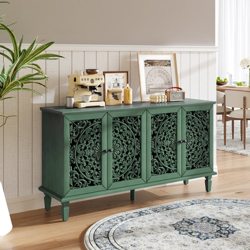 60-Inch Antique Buffet Cabinet with Floral Carvings - Antique Green, photo 2 of 18