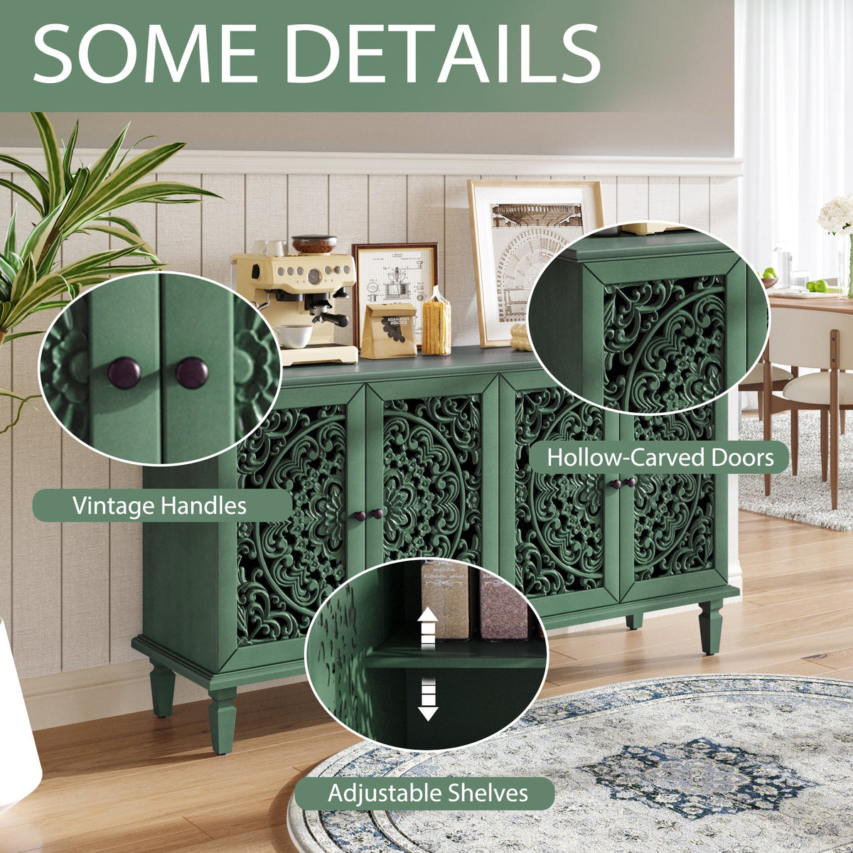 60-Inch Antique Buffet Cabinet with Floral Carvings - Antique Green, photo 8 of 18