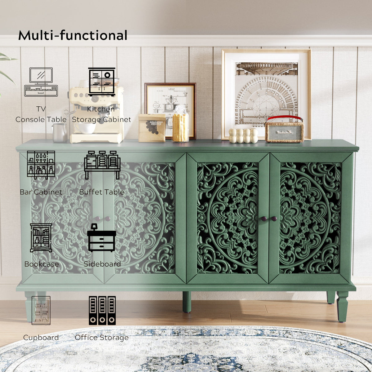 60-Inch Antique Buffet Cabinet with Floral Carvings - Antique Green, photo 9 of 18