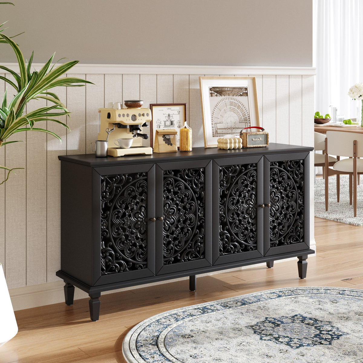 60" Antique Buffet Cabinet with Floral Carvings - Black, photo 2 of 20