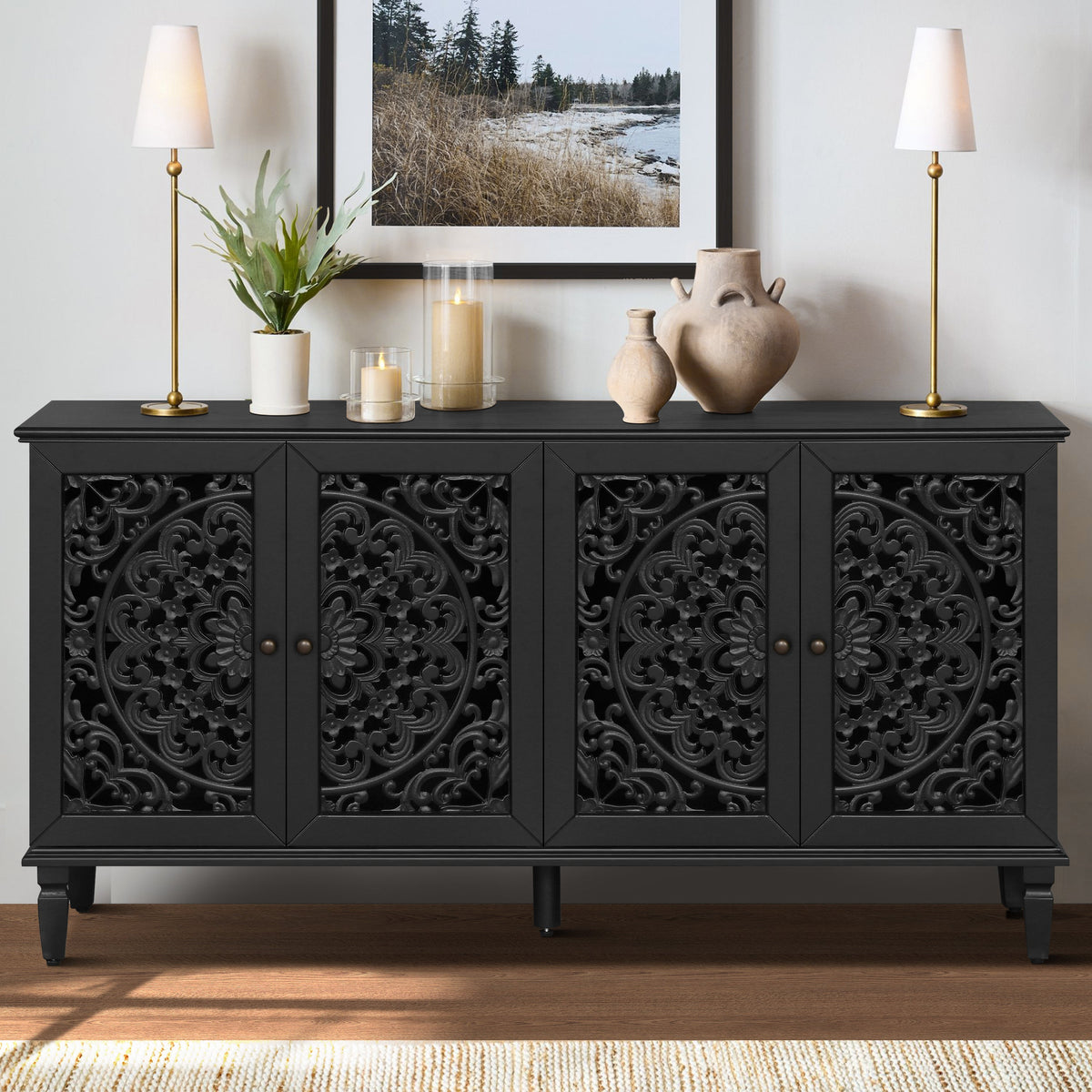 60" Antique Buffet Cabinet with Floral Carvings - Black, photo 5 of 20