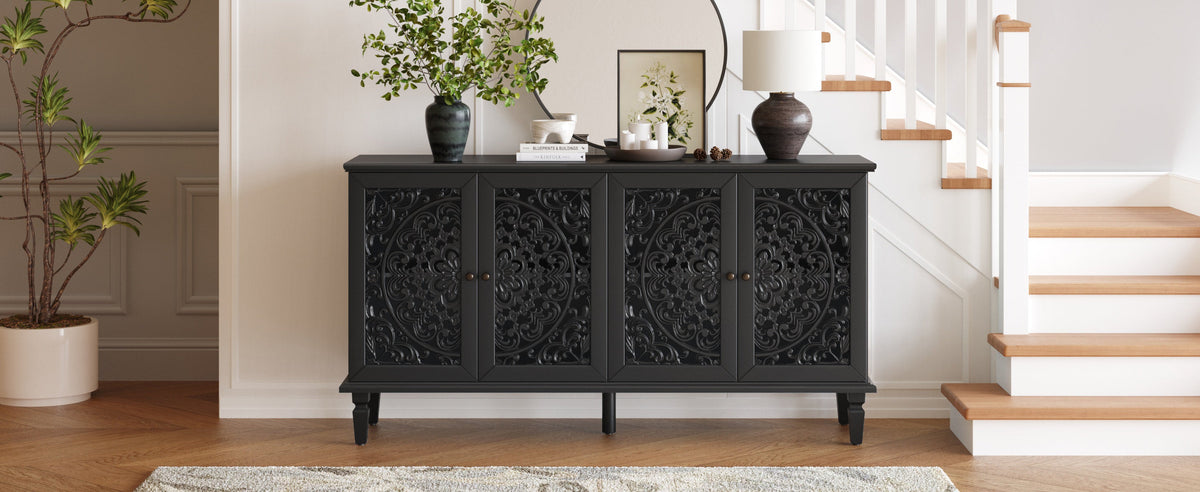 60" Antique Buffet Cabinet with Floral Carvings - Black, photo 6 of 20
