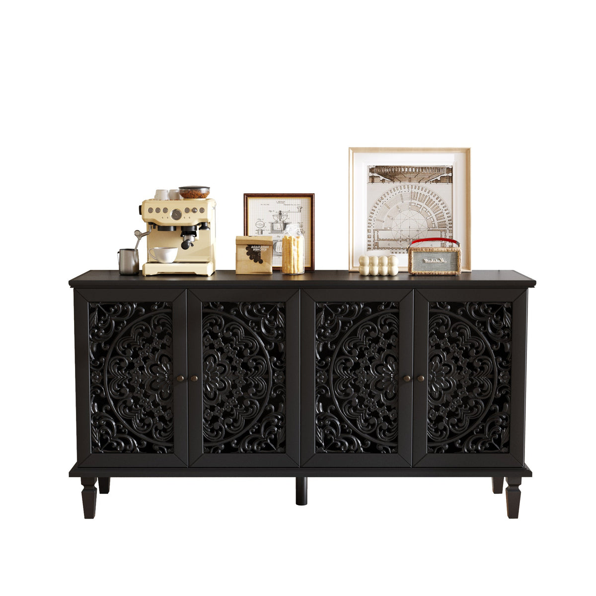 60" Antique Buffet Cabinet with Floral Carvings - Black, photo 8 of 20