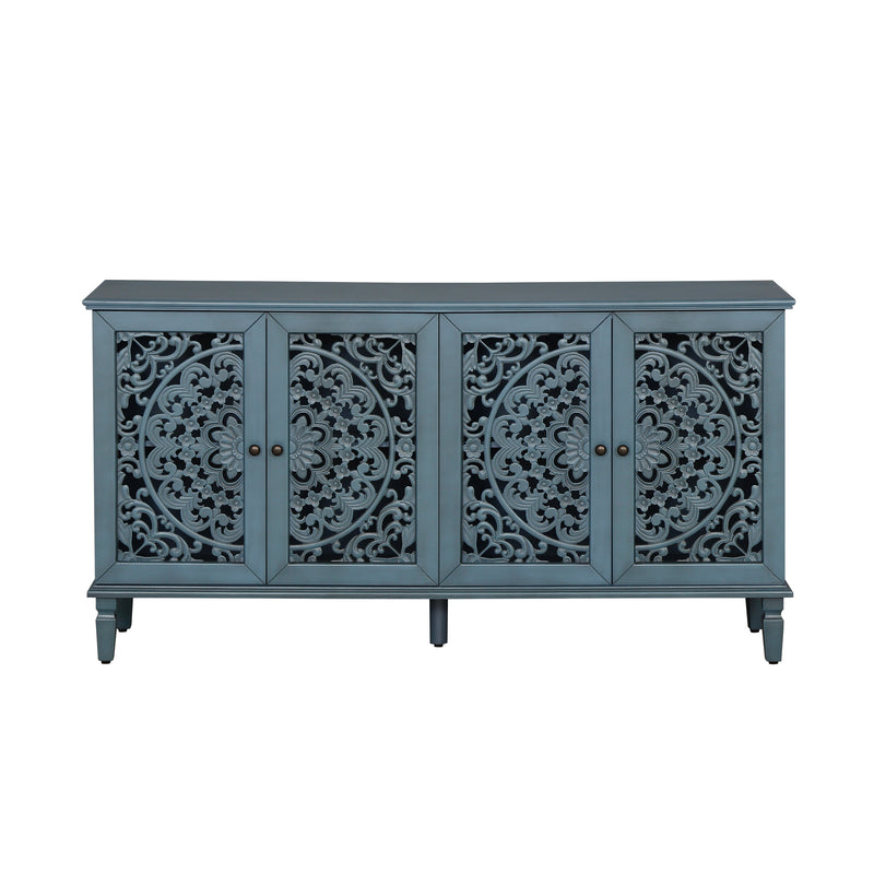 Antique Blue Buffet Cabinet with Floral Carvings and Adjustable Shelves