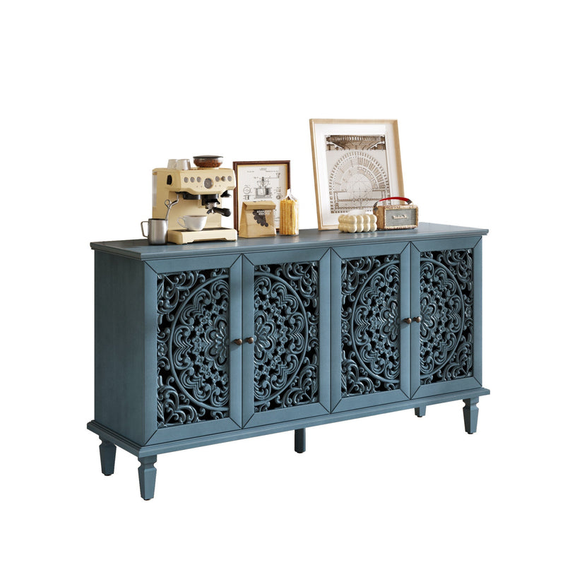 Antique Blue Buffet Cabinet with Floral Carvings and Adjustable Shelves, photo 14 of 22