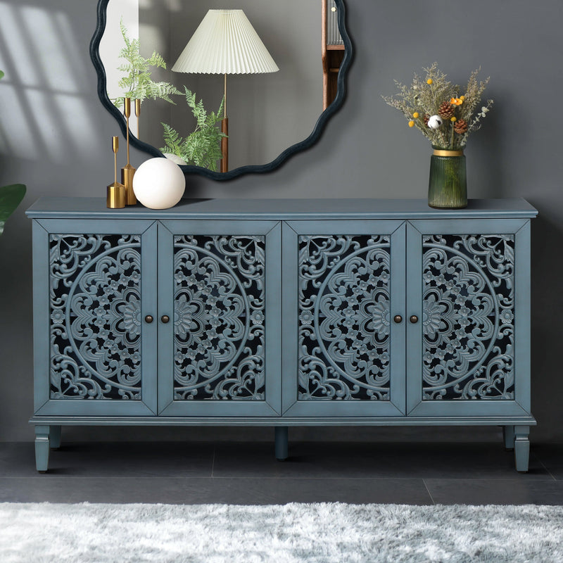 Antique Blue Buffet Cabinet with Floral Carvings and Adjustable Shelves, photo 2 of 22