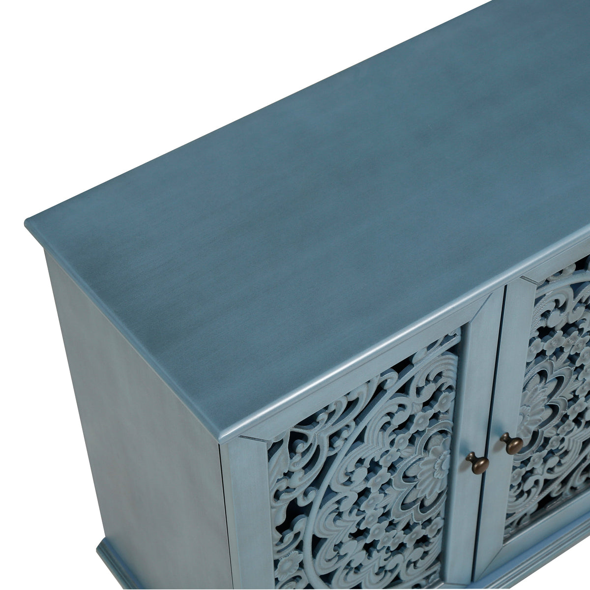 Antique Blue Buffet Cabinet with Floral Carvings and Adjustable Shelves, photo 20 of 22