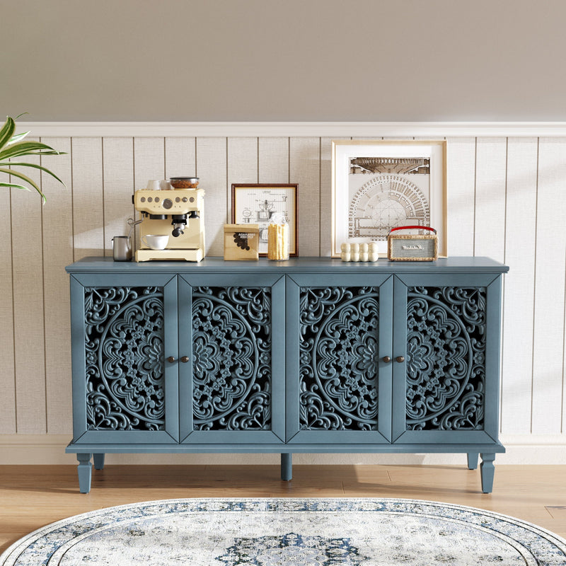 Antique Blue Buffet Cabinet with Floral Carvings and Adjustable Shelves, photo 3 of 22