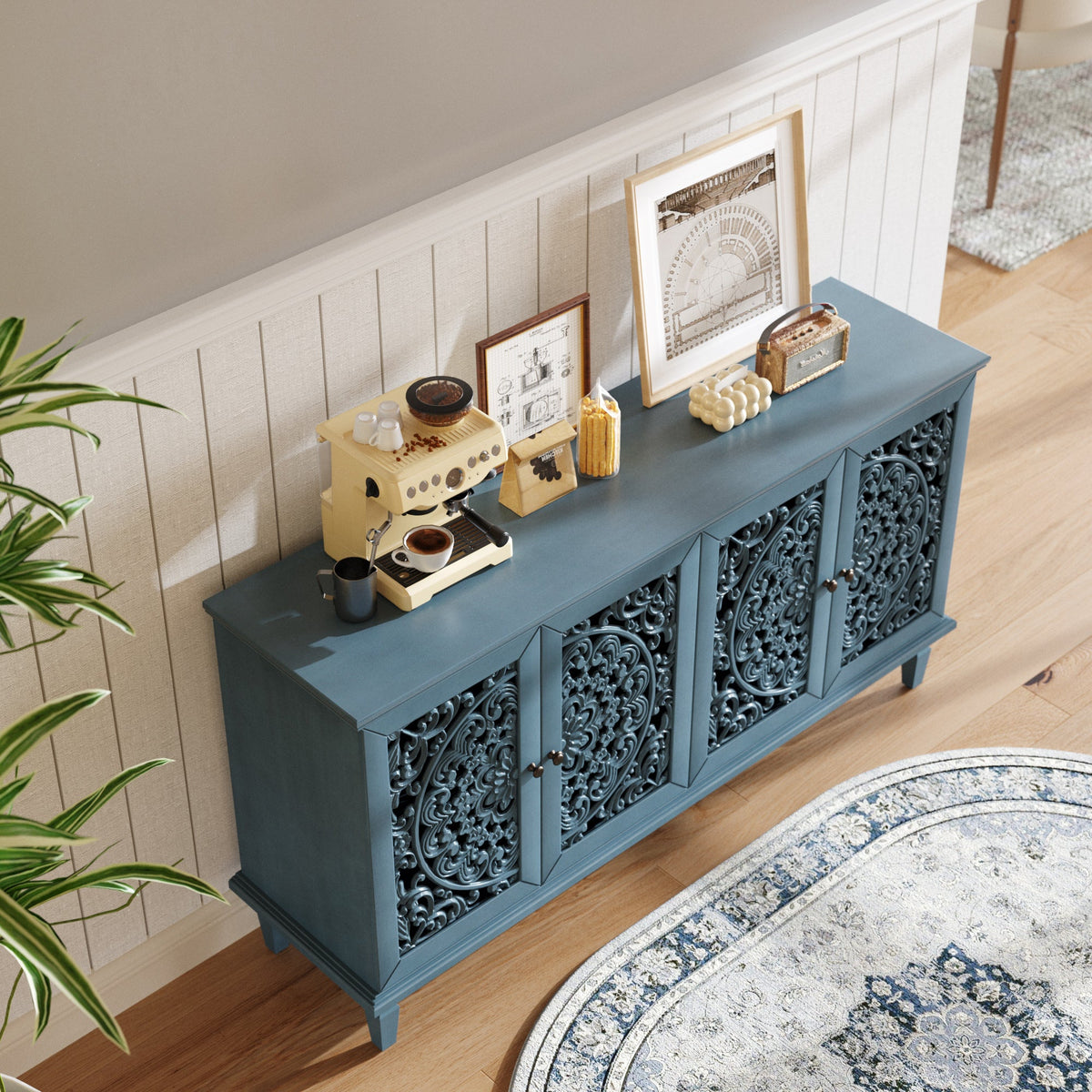 Antique Blue Buffet Cabinet with Floral Carvings and Adjustable Shelves, photo 4 of 22