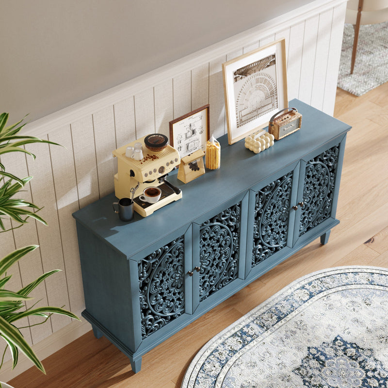 Antique Blue Buffet Cabinet with Floral Carvings and Adjustable Shelves, photo 4 of 22