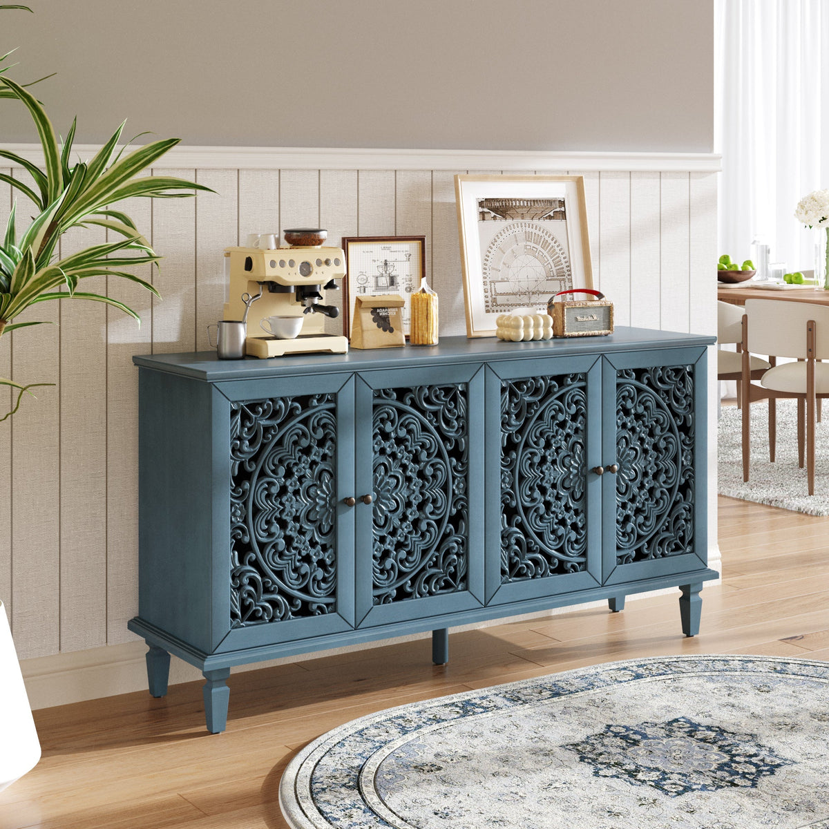 Antique Blue Buffet Cabinet with Floral Carvings and Adjustable Shelves, photo 5 of 22