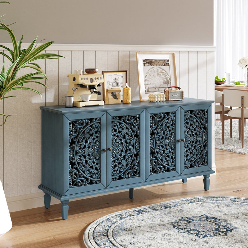 Antique Blue Buffet Cabinet with Floral Carvings and Adjustable Shelves, photo 5 of 22