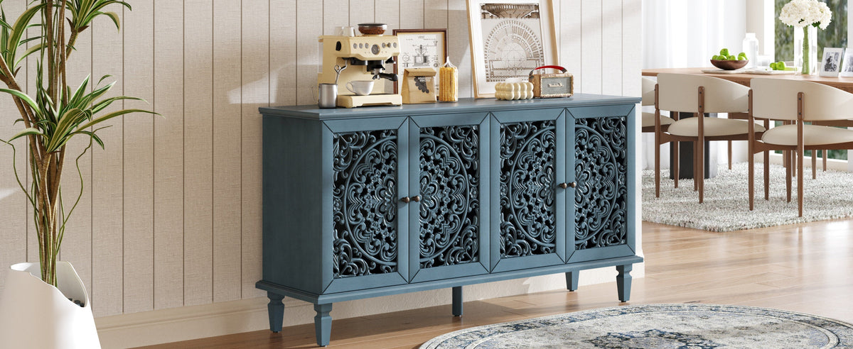 Antique Blue Buffet Cabinet with Floral Carvings and Adjustable Shelves, photo 6 of 22