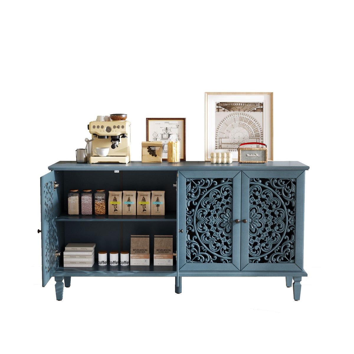 Antique Blue Buffet Cabinet with Floral Carvings and Adjustable Shelves, photo 7 of 22