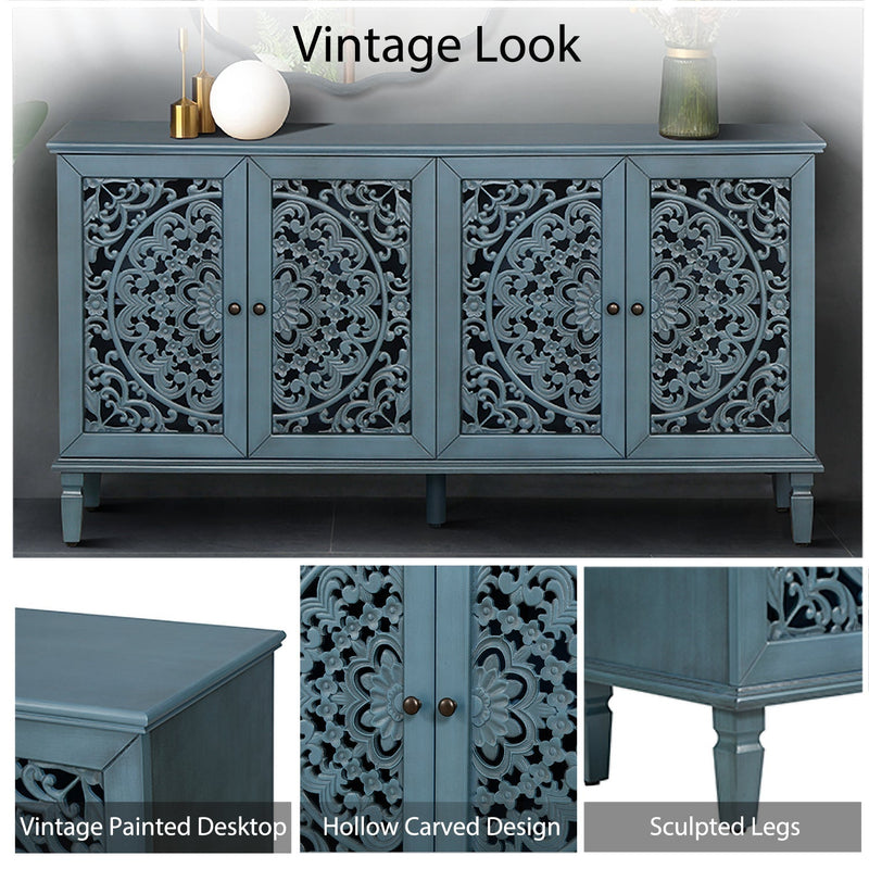 Antique Blue Buffet Cabinet with Floral Carvings and Adjustable Shelves, photo 8 of 22