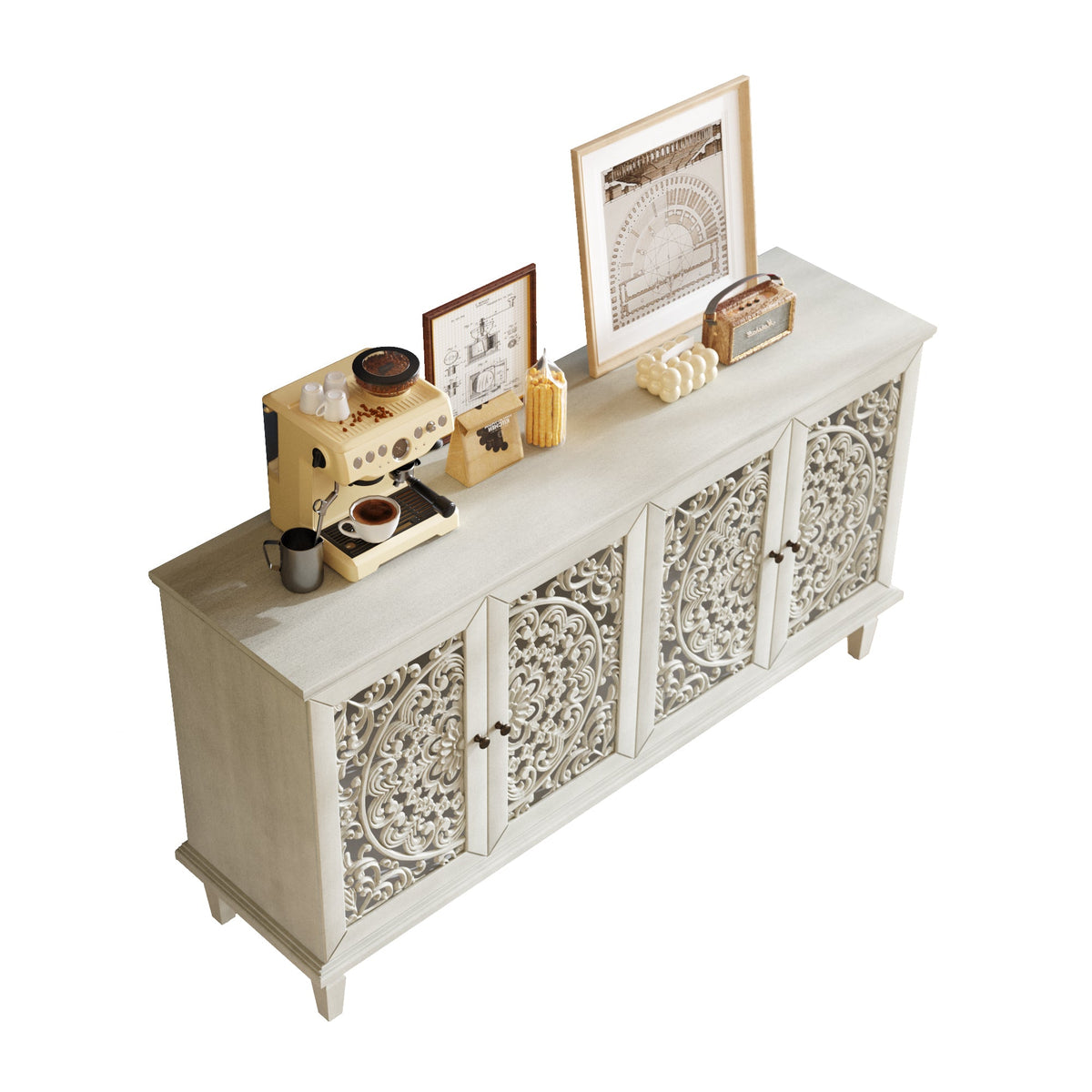 Antique Buffet Cabinet with Floral Carvings and Solid Wood Legs - Antique Grey White, photo 16 of 20