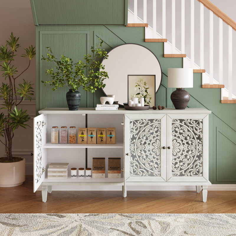 Antique Buffet Cabinet with Floral Carvings and Solid Wood Legs - Antique Grey White, photo 3 of 20
