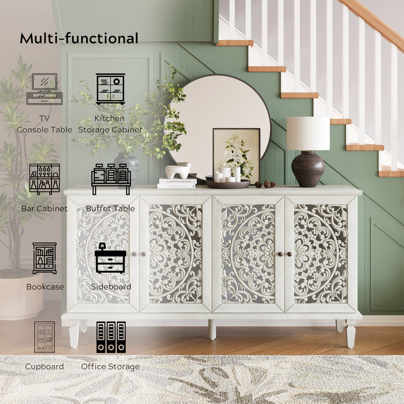 Antique Buffet Cabinet with Floral Carvings and Solid Wood Legs - Antique Grey White, photo 9 of 20