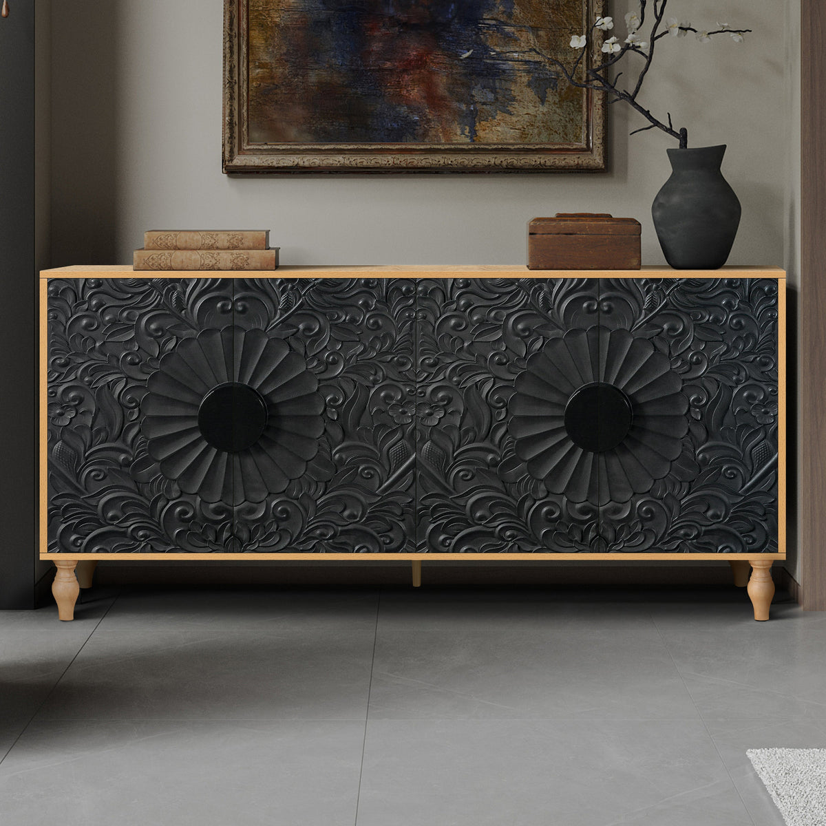 Black Carved Door TV Stand with Adjustable Shelves - Black & Natural