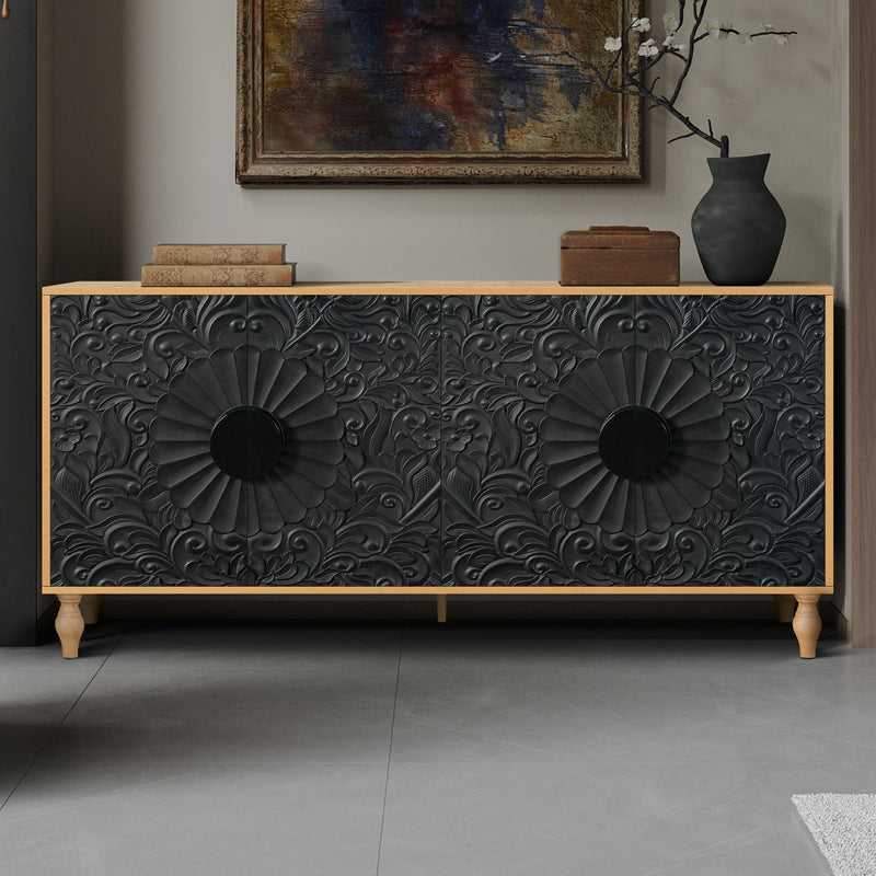 Black Carved Door TV Stand with Adjustable Shelves - Black & Natural