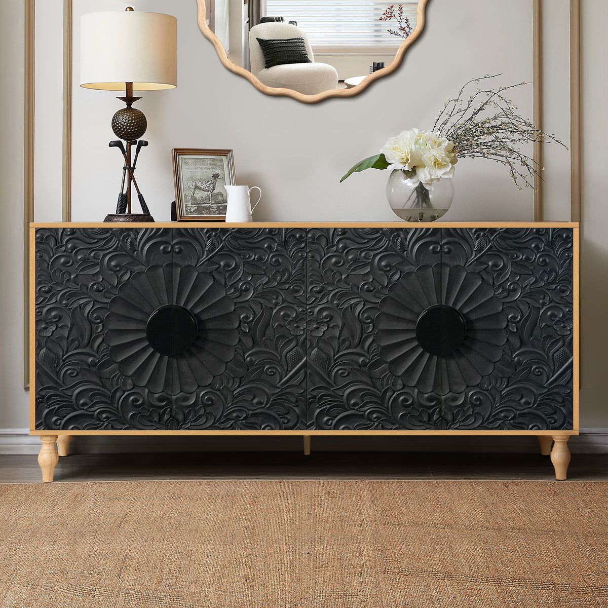 Black Carved Door TV Stand with Adjustable Shelves - Black & Natural, photo 3 of 11