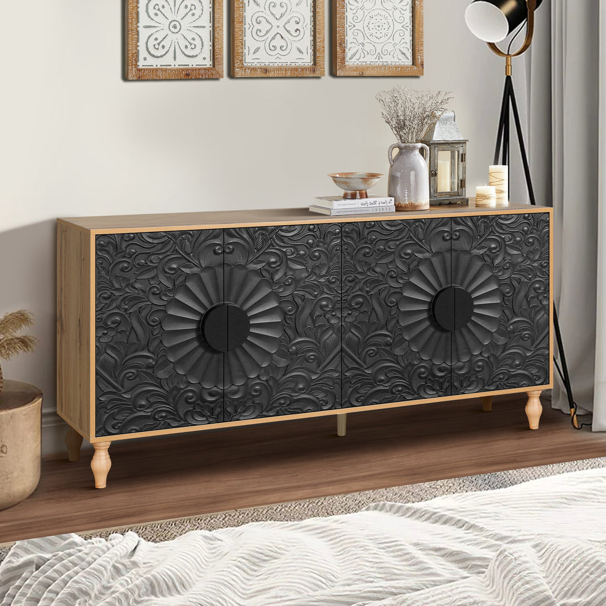 Black Carved Door TV Stand with Adjustable Shelves - Black & Natural, photo 4 of 11