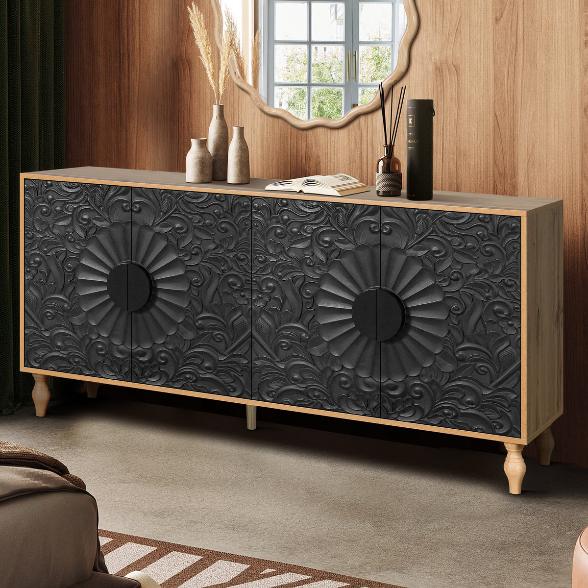 Black Carved Door TV Stand with Adjustable Shelves - Black & Natural, photo 5 of 11