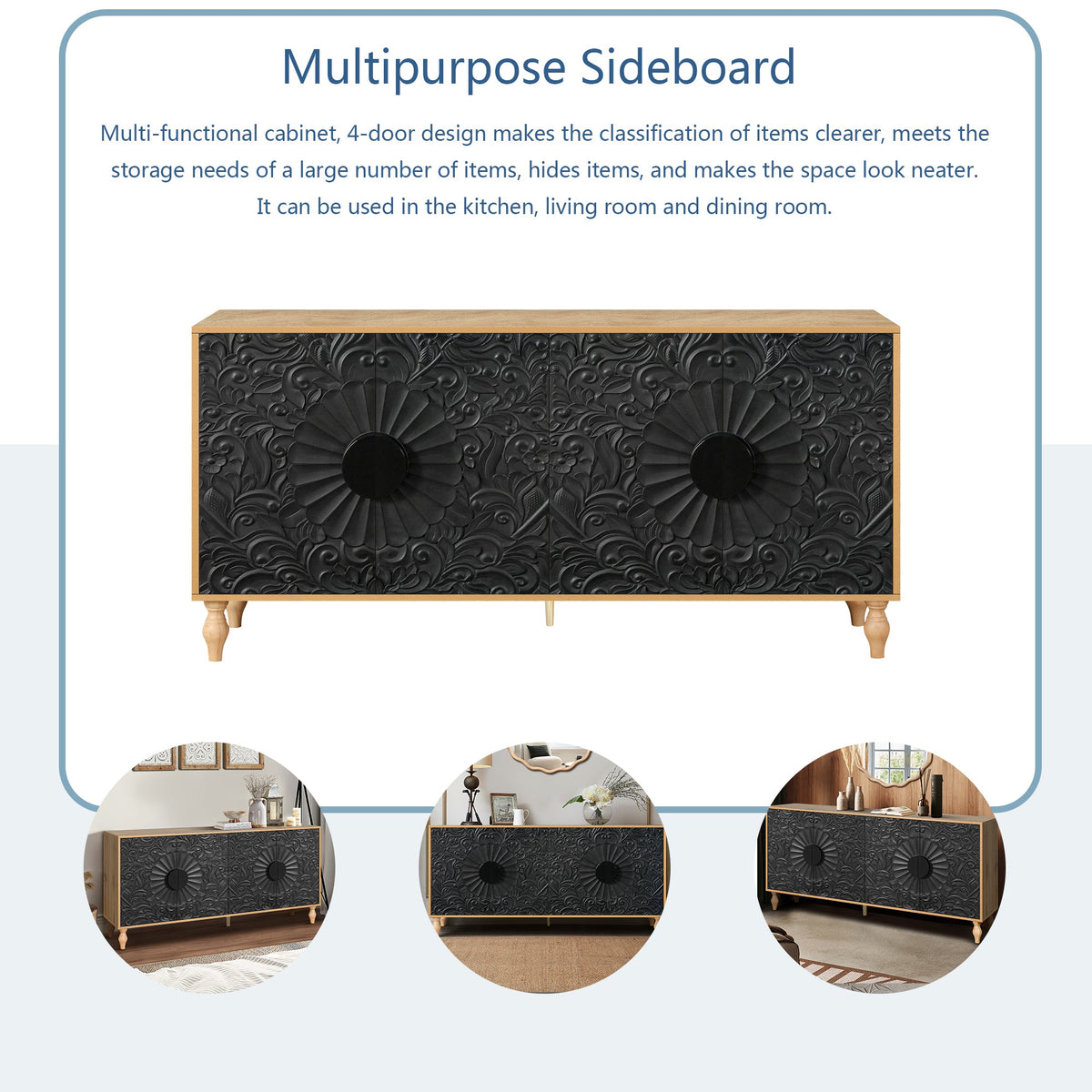 Black Carved Door TV Stand with Adjustable Shelves - Black & Natural, photo 7 of 11