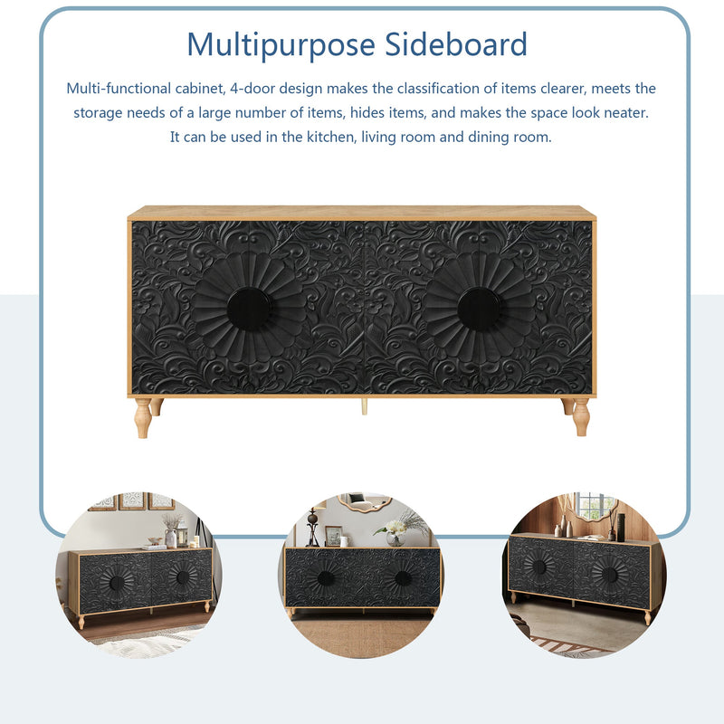 Black Carved Door TV Stand with Adjustable Shelves - Black & Natural, photo 7 of 11