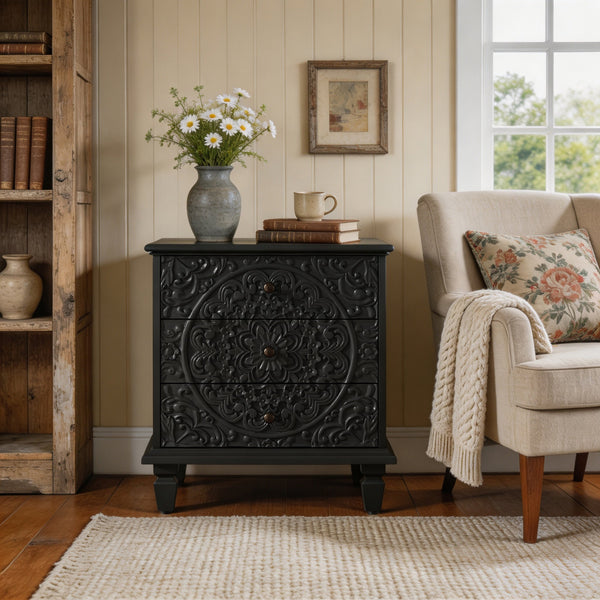 Carved Wood Nightstand with 3 Drawers, Vintage Scrollwork Embossed Accent Chest, Farmhouse Storage Cabinet Side End Table for Bedroom Living Room, photo 2 of 10