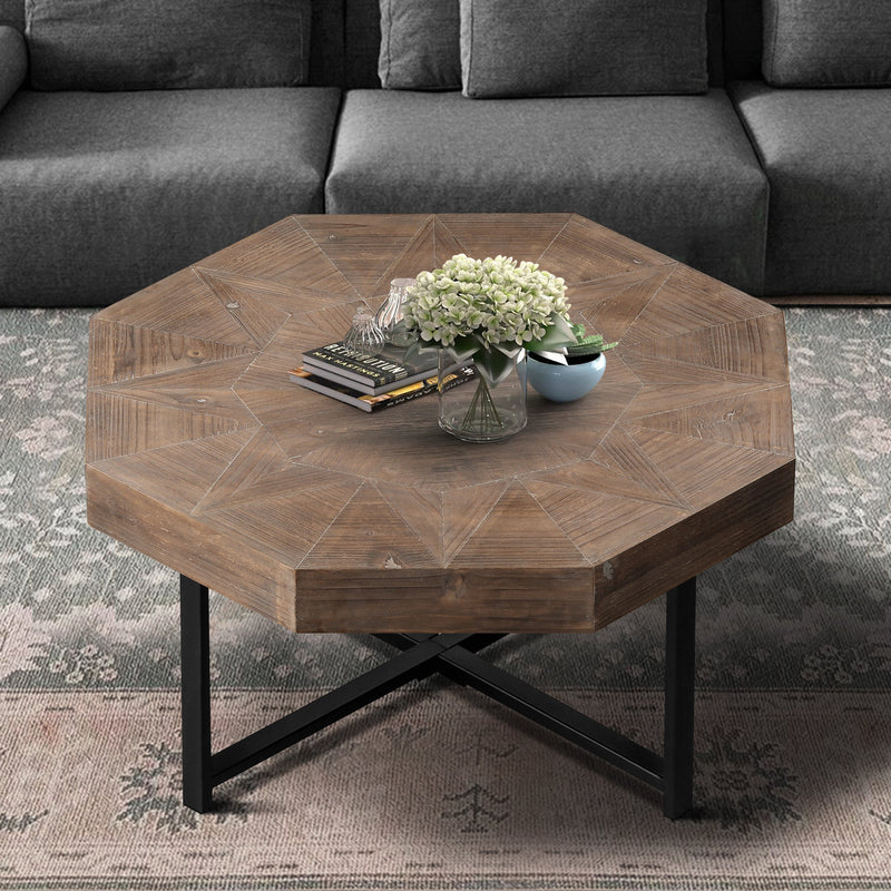 Wood Octagonal Vintage Patchwork Coffee Table with Metal Frame - Antique Brown, photo 2 of 16