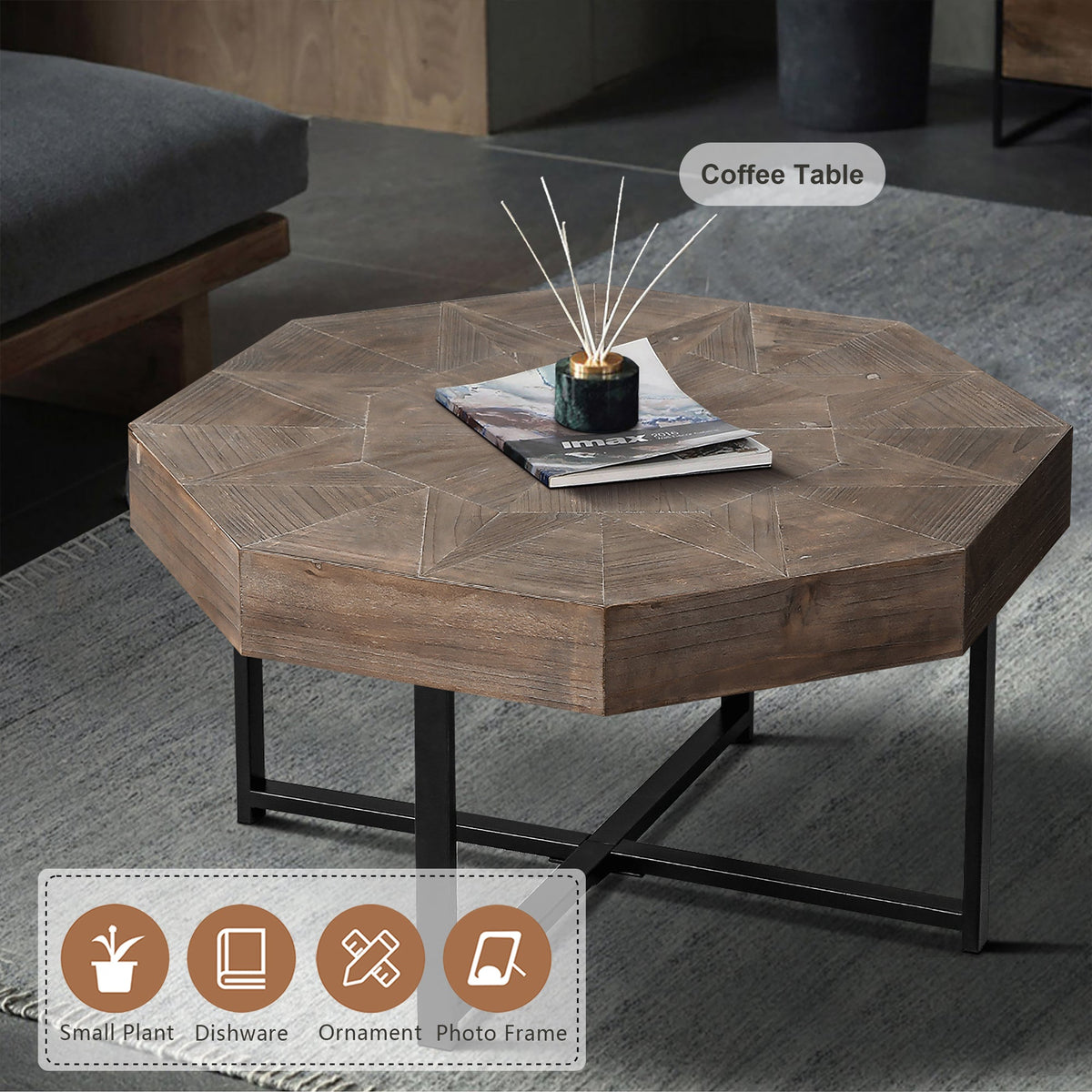 Wood Octagonal Vintage Patchwork Coffee Table with Metal Frame - Antique Brown, photo 8 of 16