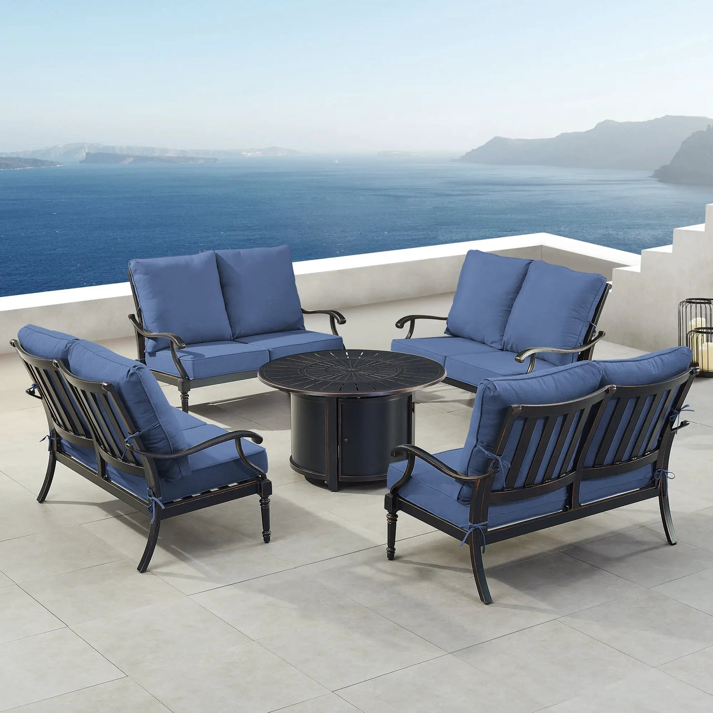 Black Aluminum Fire Table Set with Four Deep Seating Loveseats by Sharicks